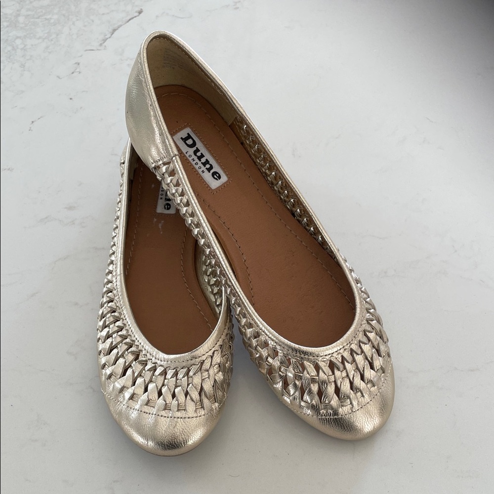 Dune London Gold woven Leather Ballet Flats size 6.5 to 7?